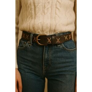 Womens Dark Brown Leather Belt Embossed X Stitch and Brass Buckle Western y2k